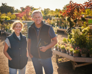 Smiling gardeners showcasing colorful plants at a vibrant nursery.