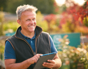 Smiling man using a tablet in a beautiful, vibrant park setting.