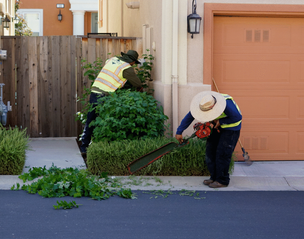 Landscapers performing maintenance with trimmers and tools in a residential setting.