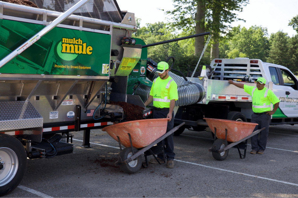 Workers using wheelbarrows for efficient landscaping tasks conveying a safety culture in their job