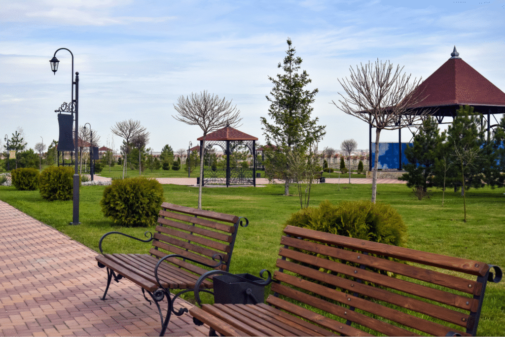 Scenic park bench overlooking lush greenery and gazebo, perfect for relaxation.