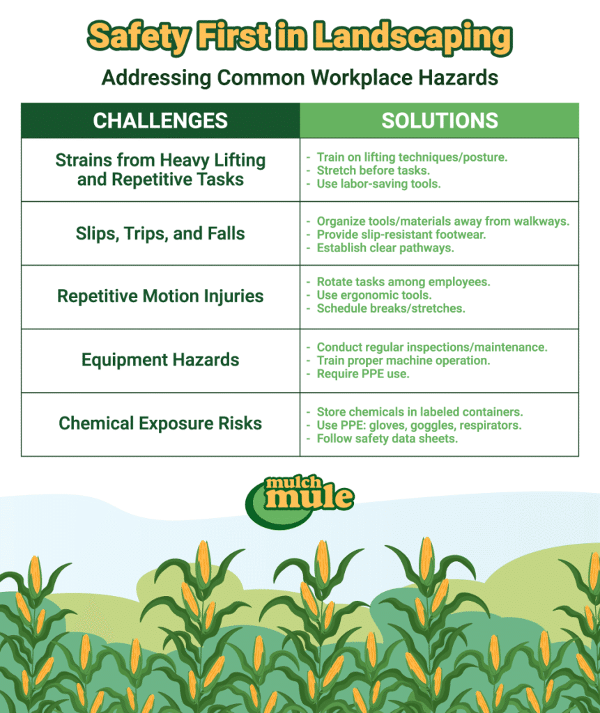 Landscaping safety guidelines for preventing workplace hazards and ensuring employee wellness.