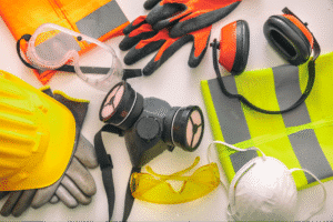 Essential safety gear includes helmets, gloves, goggles, and masks for workplace protection.