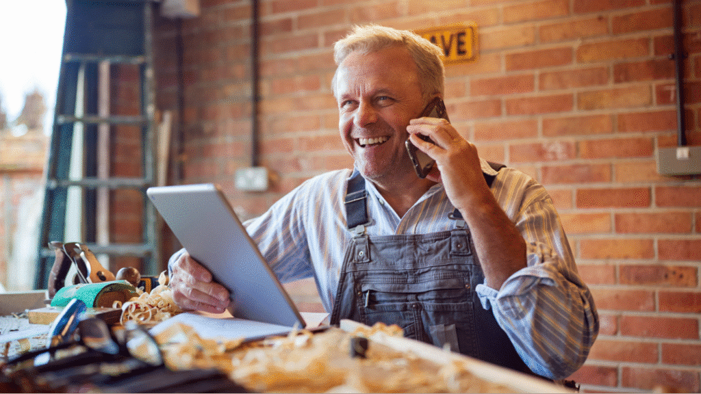 Landscaper joyfully discusses a project on his phone in a vibrant workshop.