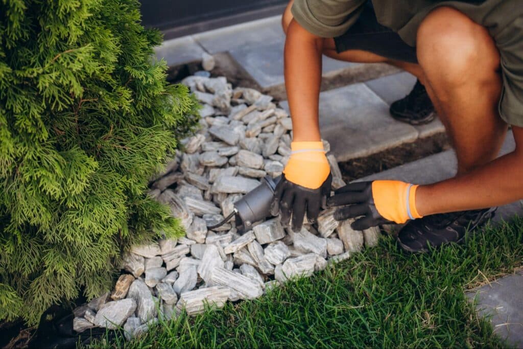 Gardener arranging decorative stones near a plant in a landscaped garden.