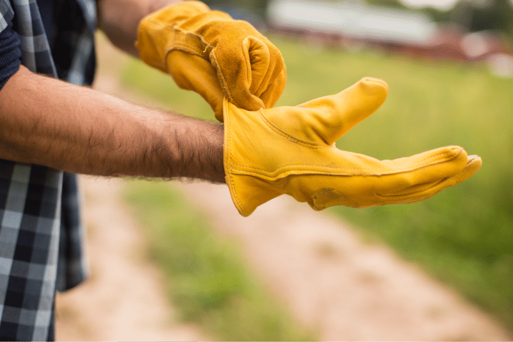 A person putting on yellow gardening gloves for outdoor work.