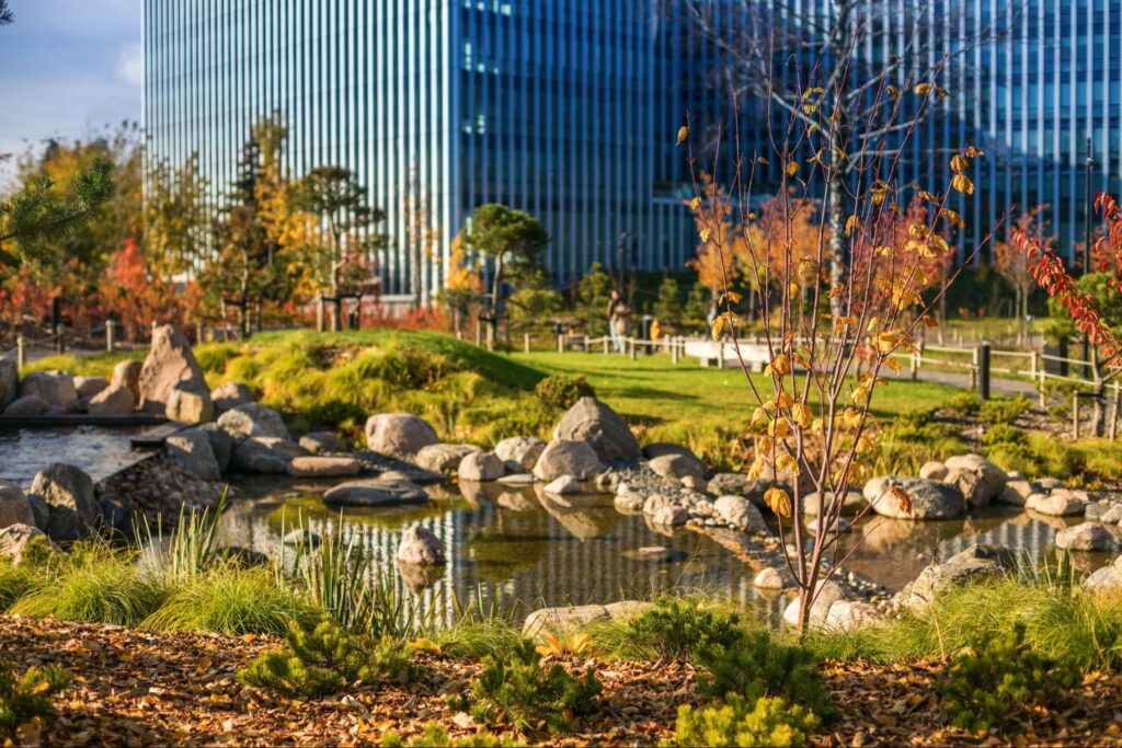 Vibrant park landscape with water and colorful autumn foliage near modern buildings.