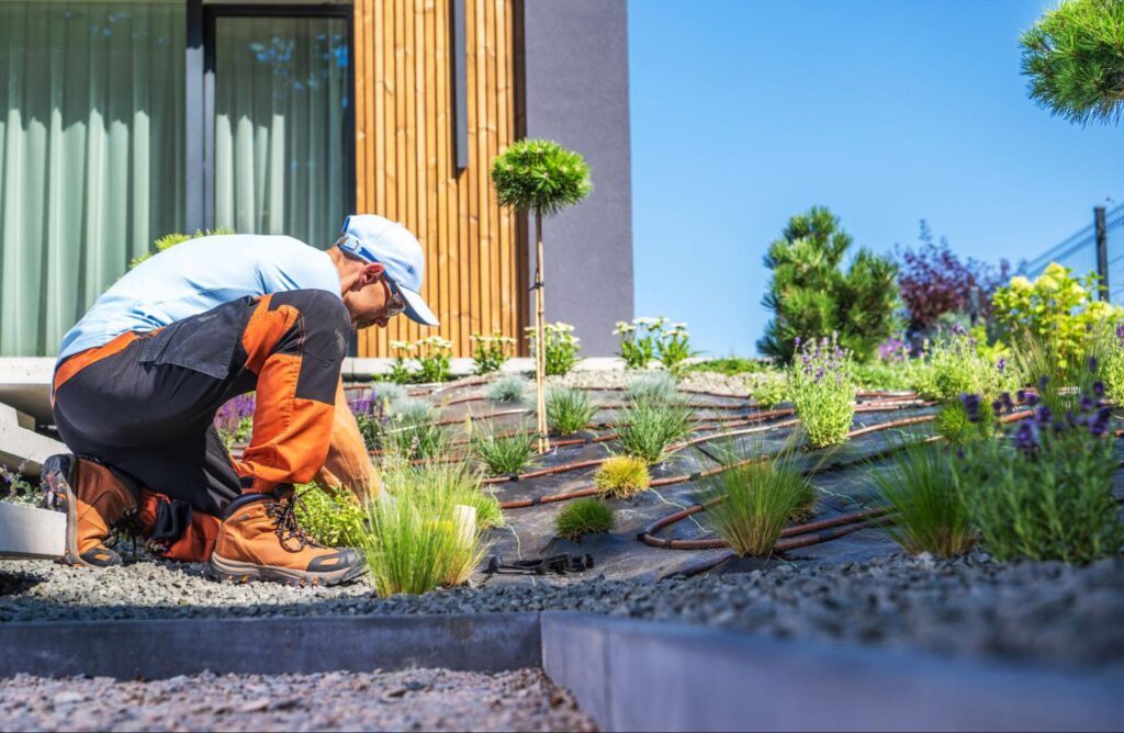 Gardener planting shrubs in a beautifully landscaped garden on a sunny day.