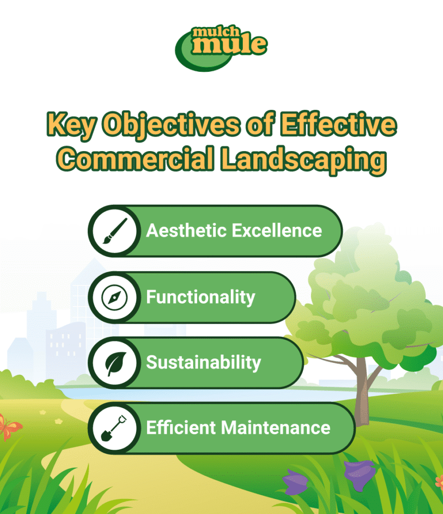 Key objectives for effective commercial landscaping: aesthetics, functionality, sustainability, and maintenance.