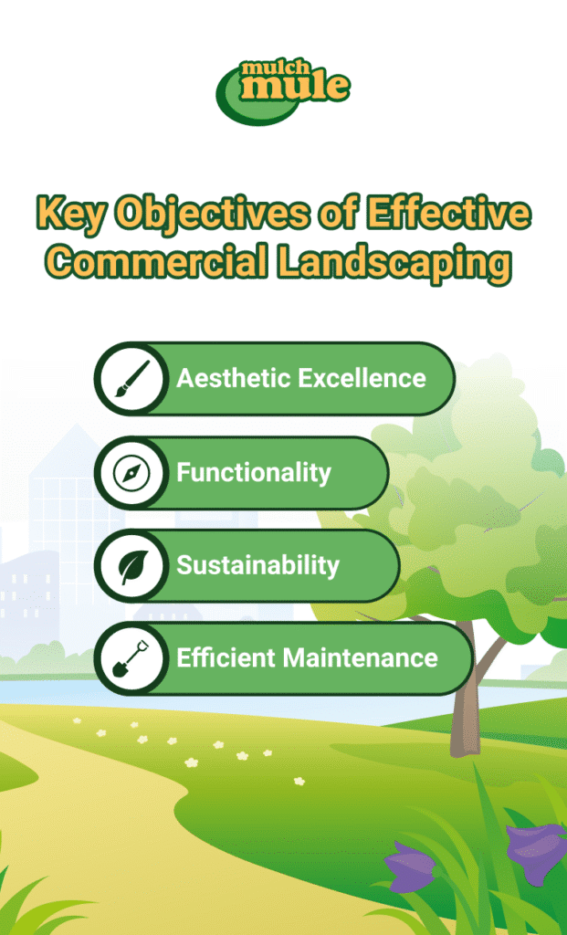 Key objectives for effective commercial landscaping: aesthetics, functionality, sustainability, and maintenance.