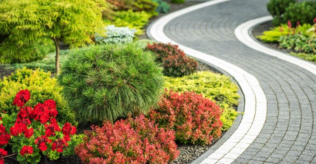 Lush garden path bordered by vibrant flowers and green shrubs.