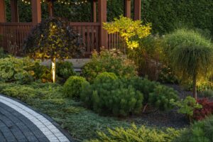 Lush garden landscape featuring vibrant plants and warm lighting enhancing outdoor ambiance.