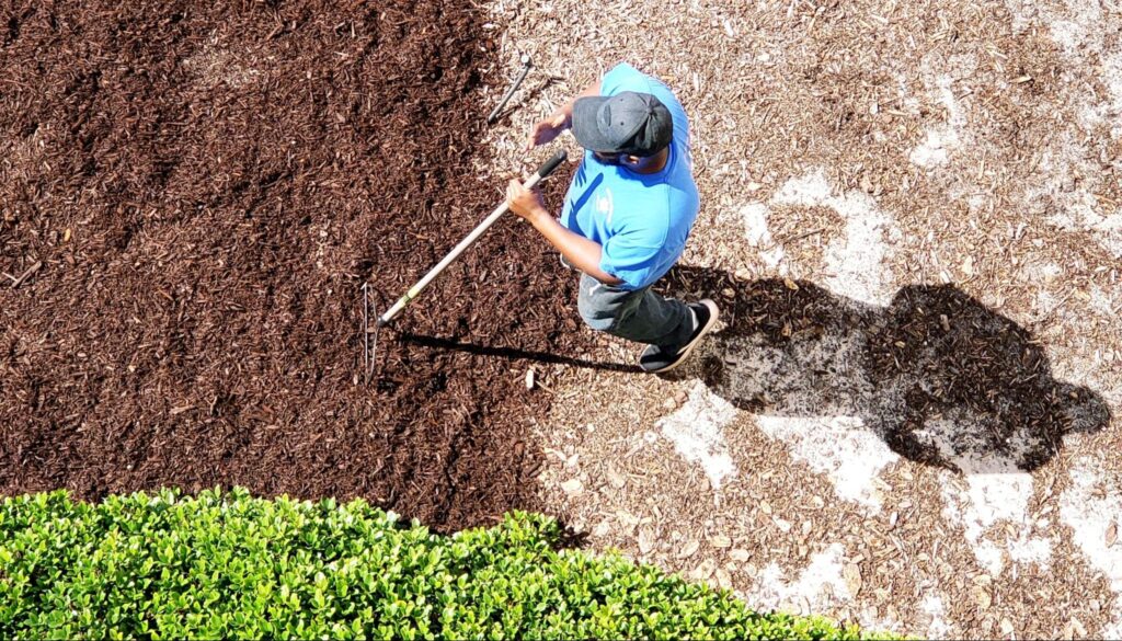 Gardener spreading mulch in a landscaped yard for healthy plant growth.