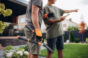 Men discussing gardening tools in a backyard, planning landscape improvements together.