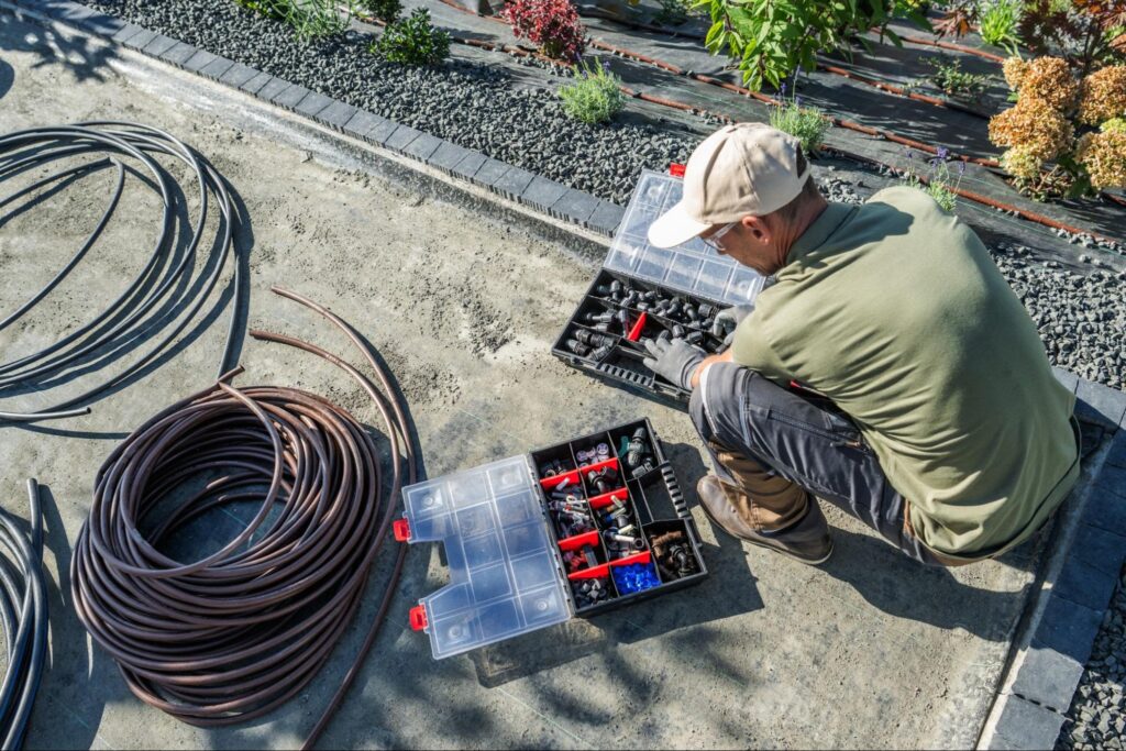 Gardener organizing tools for landscape irrigation installation in a vibrant garden setting demonstrating landscaping business strategies