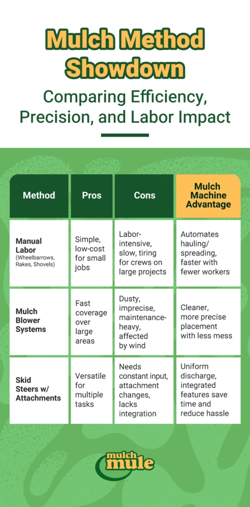 Compare mulch methods for efficiency, precision, and labor impact in landscaping projects.