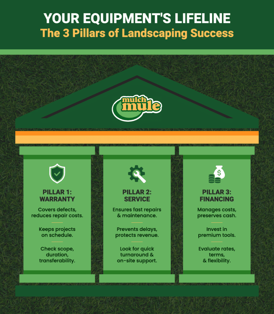 Three pillars of landscaping success: warranty, service, and financing for equipment management.