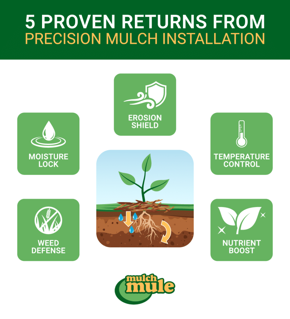 Five benefits of mulch installation include moisture lock, weed defense, and erosion protection.
