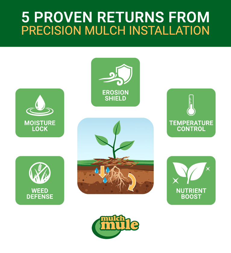 Five key benefits of mulch installation: moisture retention, erosion control, and more.