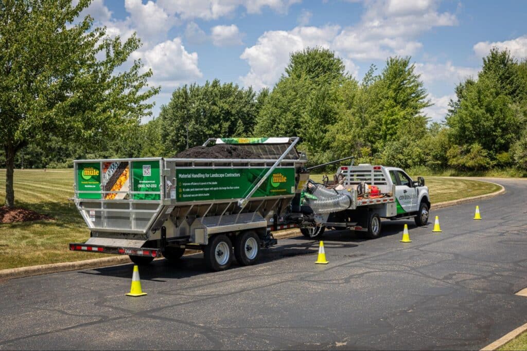 Eco-friendly Mulch Mule trailer ready for sustainable landscaping solutions.