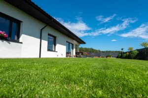 Modern home with a beautiful green lawn under bright blue skies.
