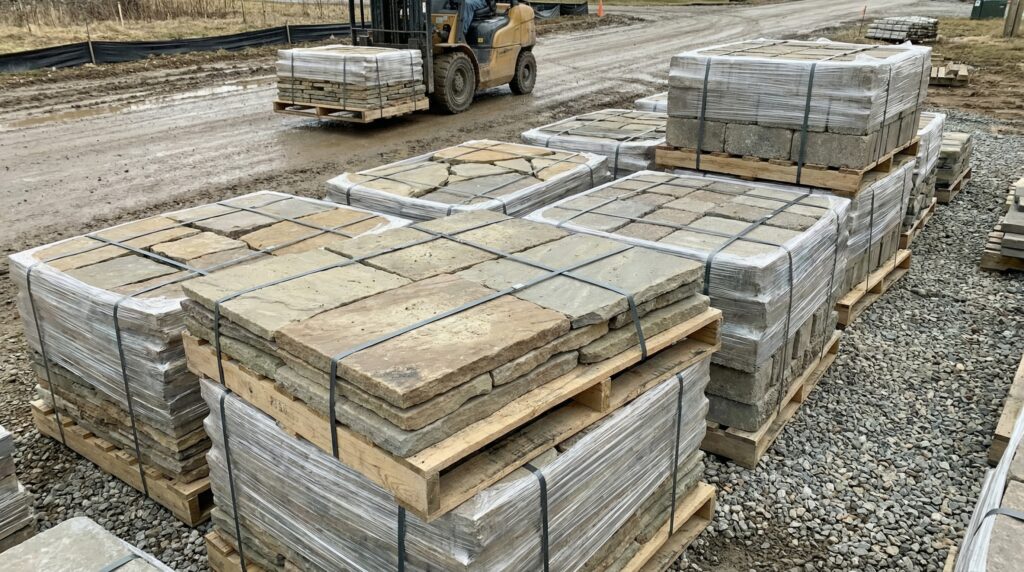Pallets of natural stone stacked for landscaping and construction projects.
