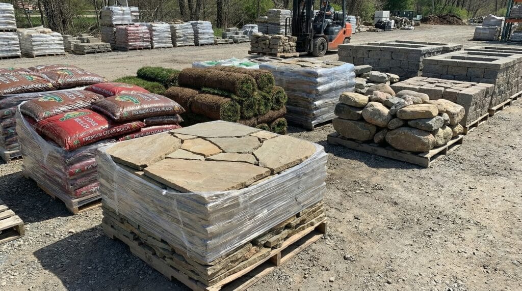 Mulch and stone supplies stacked for landscaping and gardening projects.