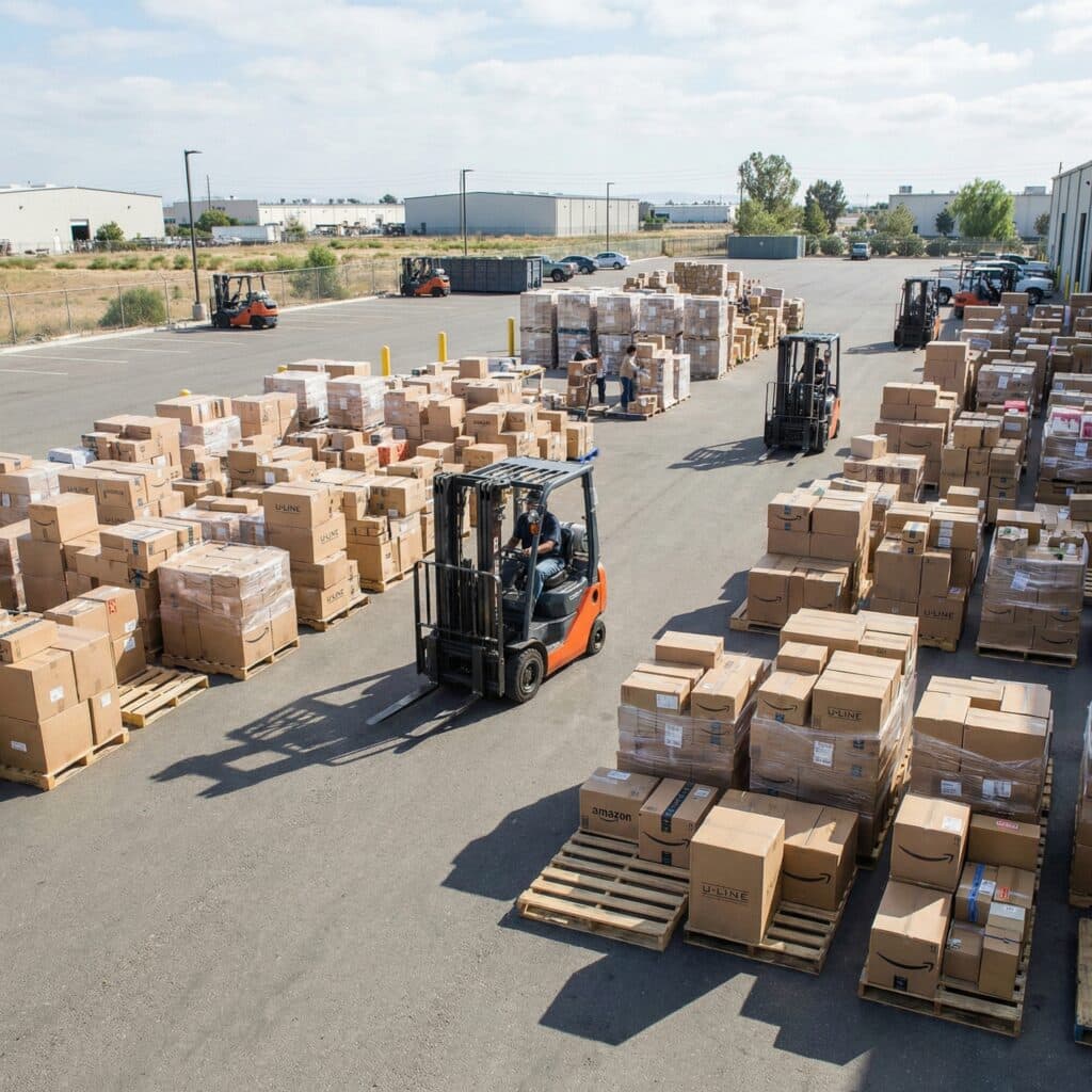 Forklifts moving packages in a busy warehouse loading area for efficient logistics operations.
