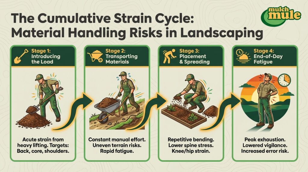 Cumulative strain cycle shows material handling risks in landscaping for safety and efficiency.