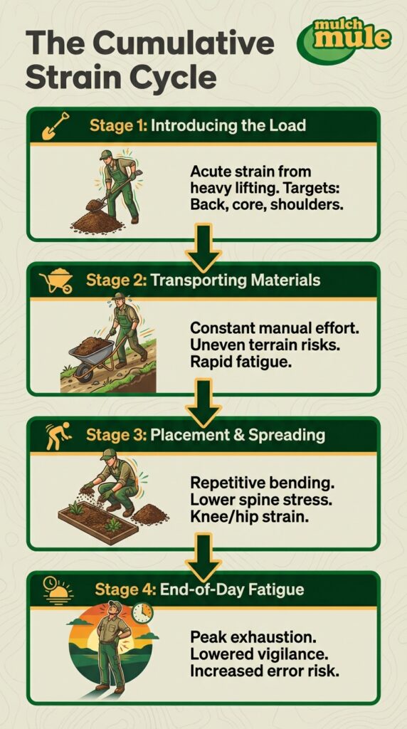 Cumulative strain cycle infographic: stages of manual labor strain and fatigue management.