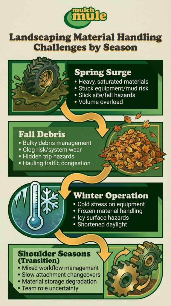 Landscaping material handling challenges by season, addressing equipment and safety issues.