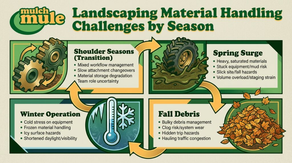 Landscaping material handling challenges by season, featuring tips for efficient management.